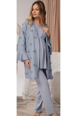 Bone Club 3 Lü Kabartma Desen Sabahlıklı Lohusa Hamile Pijama Takımı