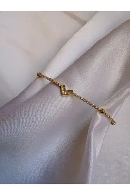 Genel Markalar Kadın Gold Renk Kalp Figürlü Baget Taşlı Su Yolu Bileklik