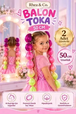 Rhea Company Mor-Pembe-Sarı Örgülü Balon Saç – 50 cm Çocuk Saç Tokası | 2’li Set