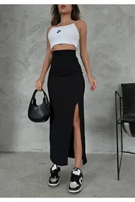 ARÇIN Kadın Siyah Likralı Yırtmaçlı Uzun Etek 92 Cm Krep Kumaş