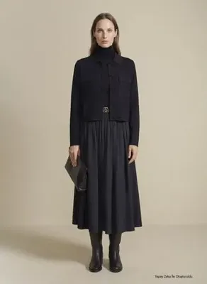 Brooks Brothers BBFW26FSK001 Siyah Kadın Orta Bel Kloş Poplin Cepli Midi Etek