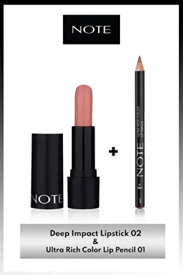 Note Cosmetics Deep Impact Kremsi Yarı Parlak Ruj 02 Optimistic Rose & Ultra Rich Color Dudak Kalemi 01 Sandy