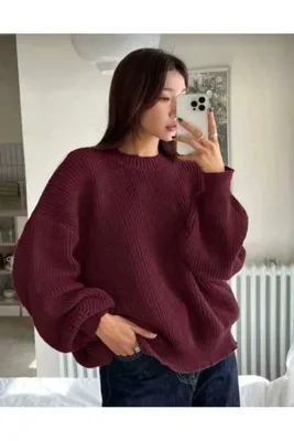 Kırlangıç Moda Bordo Oversize Bisiklet Yaka Kadın Triko Kazak