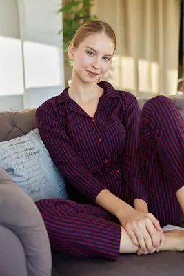 Fulla Moda Çizgili Gömlek Yaka Süet Pijama Takımı