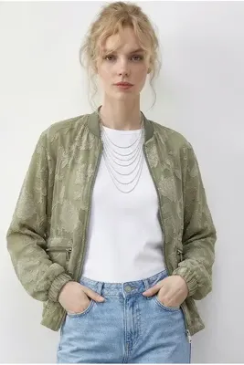 Bianco Lucci Kadın Çağla Yeşili Fermuarlı Şifon Empirme Oversize Ceket 2913 60286024