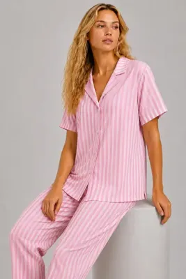 Pijamask Kadın Pembe Beyaz Çizgili Kısa Kollu Gömlek Yaka Düğmeli Pijama Takımı