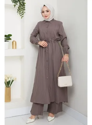 InStyle Uzun Tunikli Pantolonlu Kaş Vizon Takım