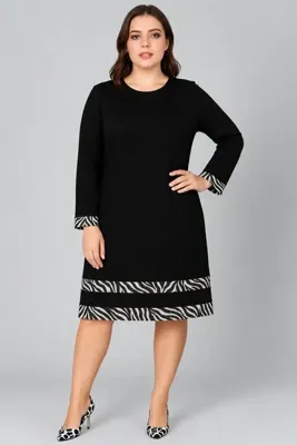 Curvy Trend Büyük Beden Kol Ucu ve Eteği Zebra Garnili Uzun Kol Viskon Elbise