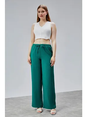Genius Store Kadın Pantolon Geniş Paça Yüksel Bel Cepli Çizgili Pantolon ÇİZGİLİ-PANTOLON
