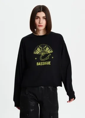 Bassigue Siyah Yelpaze Baskılı Uzun Kollu Kadın T-Shirt