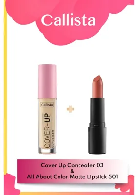 Callista Cover Up Concealer Göz Altı Kapatıcısı 03 Orta & All About Color Matte Ruj 501 - Nude Makyaj Seti