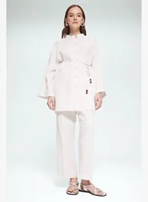 Defacto %100 Keten Straight Fit Beli Lastikli Cepli Pantolon