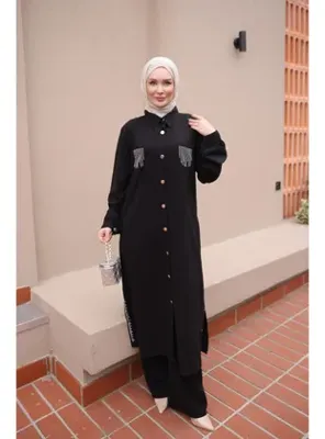 İmaj Butik Siyah Cep Taş Detaylı Tunik Pantolonlun Takım