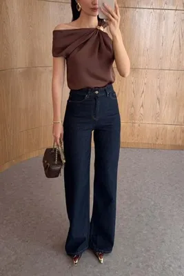 Perryes Kadın Yüksek Bel Vintage Yıkama Bol Paça Wide Leg Jean Pantolon