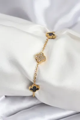 Genel Markalar 316L Çelik Gold Renk Siyah ve Zirkon Taşlı Baby Boy Yonca Kadın Bileklik