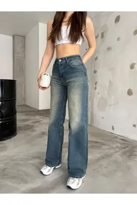 KAMİLKUNDURA Kadın Tint Kahve Salaş Palozoo Efekt Vintage Yüksek Bel Wide Leg Jeans