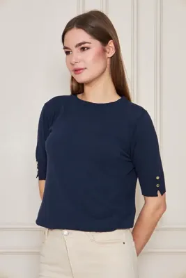 Irmak Kerekli Kadın Bisiklet Yaka Çıtçıtlı Kısa Kollu Triko Bluz 1070 Lacivert