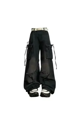 Genel Markalar Y2k Siyah Unisex Yıldız Detail Yıkamalı Bol Paça Relax Unisex Tech Pantolon