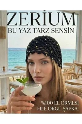 ZERİUM El Yapımı Kadın Örgü Bohem File Yazlık Bere Şapka Pullu Siyah