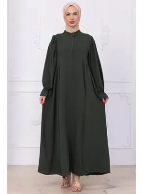 hafsamina Kolları Lastikli Eva Tesettür Elbise Haki HM2758