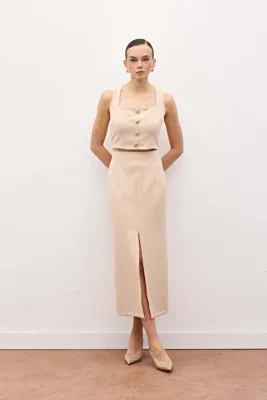 Sateen Yırtmaçlı Midi Etek - Bej