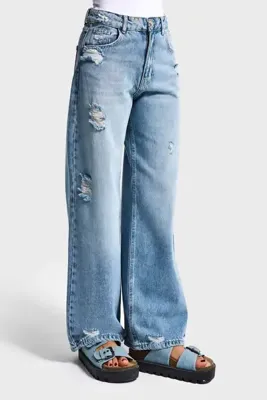 it's basic Kadın Kot Rengi 12s6-32 Mega Baggy Fit Yırtık Detaylı Denim Jean