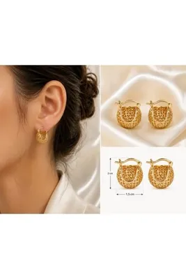 reyselstyle ALTIN KAPLAMA SALLANTILI HASIR İŞLEMELİ ÇELİK KÜPE(KARARMA YAPMAZ)