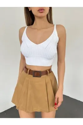 LB Laluna Butik Kadın Piliseli Kemerli Mini Şortlu Etek