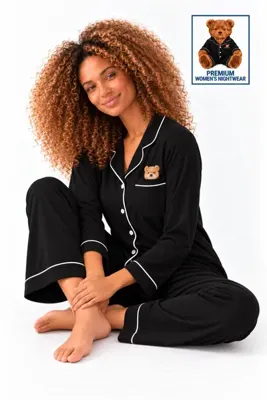 ELİTOL Kadın Uzun Kol Pamuklu Ayı Nakışlı Cepli Siyah Premium Düğmeli Pijama Takım