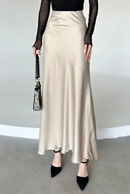 Genel Markalar Kadın ŞIK   Saten Kemeri Lastikli Maxi Boy A Line Etek