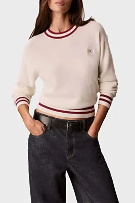Calvin Klein Pamuklu Çizgi Detaylı Bisiklet Yaka Kazak LV047H303GYAS Kadın KAZAK LV047H303G YAS