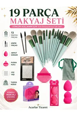 Acarlar Ticaret 19 Parça Lüx Keseli Makyaj Fırça Seti Makyaj Süngeri Ve Fırça Seti