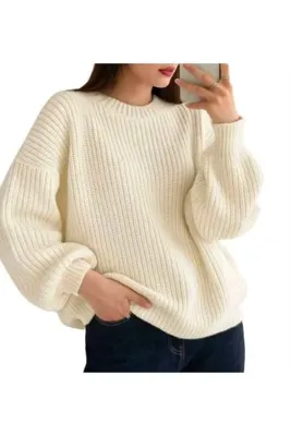 LUVON Ekru Bisiklet Yaka Oversize Kadın Triko Kazak