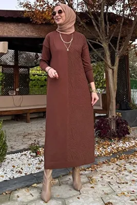Rabia Şamlı Zebra Desen Triko Elbise Kahve