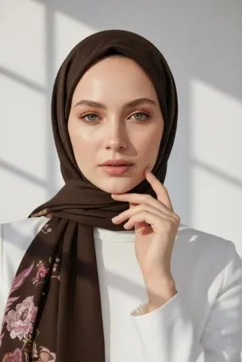 Vissona KREP NAKIŞ ÇİÇEK DESENLİ KAHVERENGİ RENKLİ 75X195 KIRIŞMAZ ŞAL