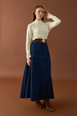Ceylan Otantik Lacivert Denim Dikiş Detay Etek