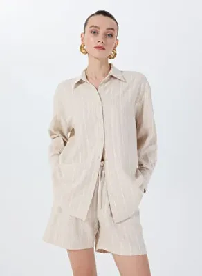 Fabrika Bej Kadın Loose Fit Çizgili Gömlek F5SL-GML0026