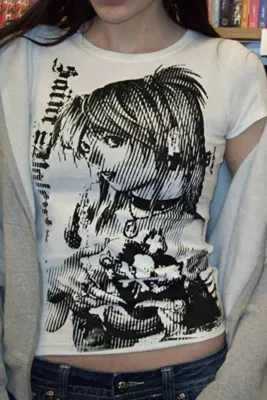 Köstebek Beyaz Vintage Anime Misa Amane Saint Gotik Y2K Kısa Kollu Crop