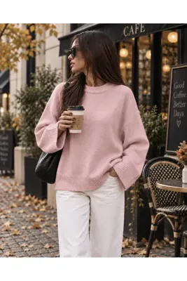 mina aise Kadın Pembe Bisiklet Yaka Oversize Yumoş Triko Kazak 701