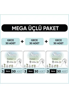 Sleepy Bio Natural Premium Plus Hijyenik Ped Mega Paket Gece 30x3 (90 Adet)