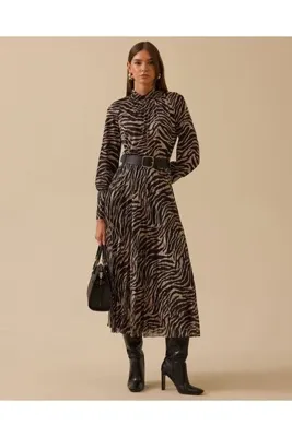 SEÇİL Zebra Desenli Kemerli Elbise