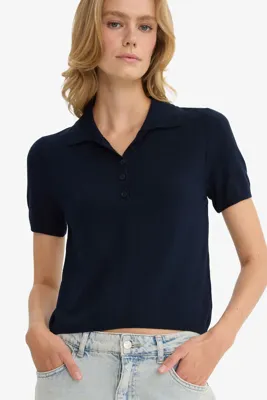 Defacto Fitted Polo Yaka Kısa Kollu Triko Kazak