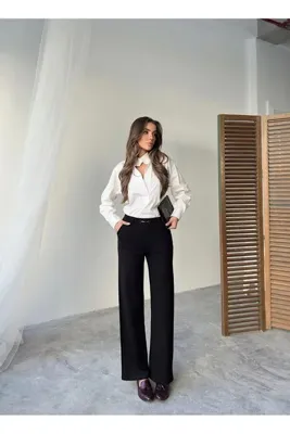 Thin Shop Günlük Yüksek Bel Esnek Siyah Cepli Palazzo Pantolon Kemer Detaylı