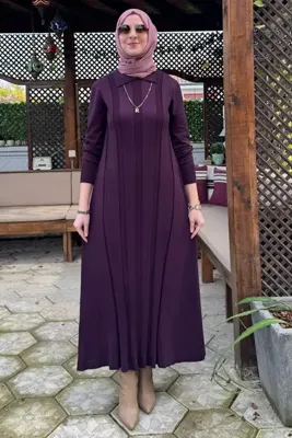 Rabia Şamlı Biricik Kemerli Triko Elbise Mürdüm