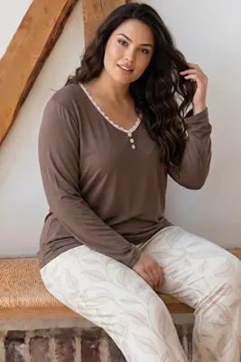 Siyah İnci Vizon Desenli Düğmeli Büyük Beden Battal Boy Viskon Örme Pijama Takım 26224807