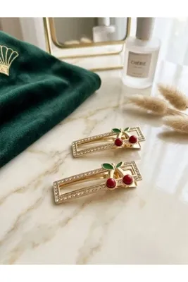 Ekol Aksesuar 2’Li Kiraz Figürlü Kristal Taşlı Gold Metal Yan Toka 6 Cm