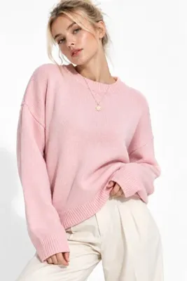 WILD BEE Kadın Pembe Bisiklet Yaka Soft Touch Oversize Triko Kazak