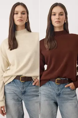 TRENDYOLMİLLA Taş-Kahverengi Basic İkili Paket Triko Kazak TWOAW26KZ00232