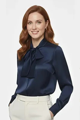 Pure Silk Atelier %100 Saf İpek Bağlama Yakalı Fularlı Gömlek - Lüks Premium Doğal İpek Bluz