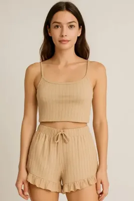 Genel Markalar Crop Takım - Askılı Crop Takım Likralı Bej (xl)